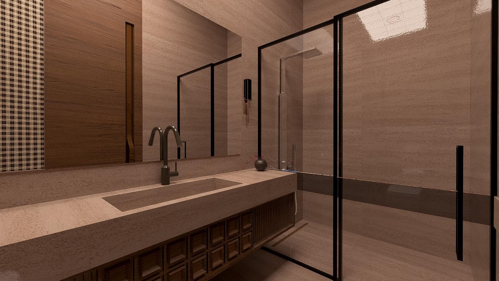 Ahşap ve taş yüzeyli banyo